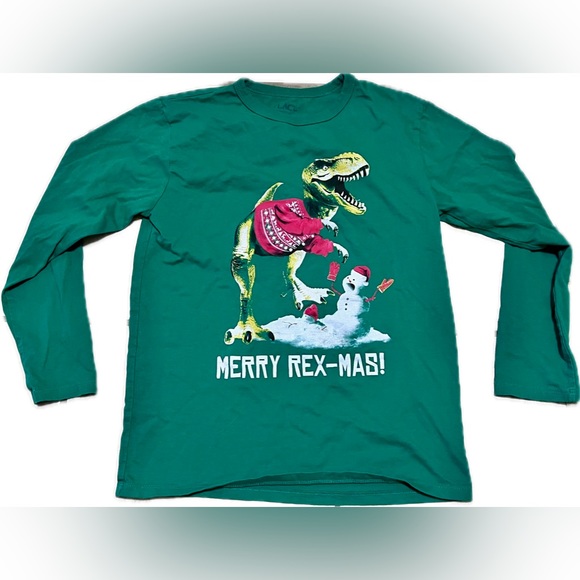 Children’s Place Christmas Long sleeve dinosaur Trex shirt Green EUC - Picture 1 of 2